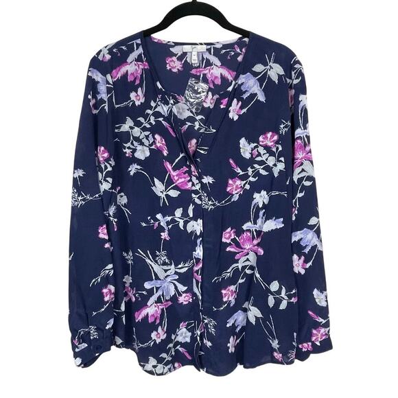 Joie V-neck Button Down Long Sleeve Blouse‎ Women's size S Blue Pink Floral - Picture 1 of 6